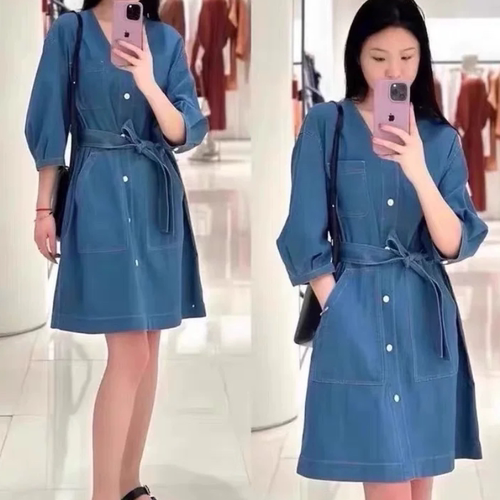 E243连衣裙女装夏新款时尚百搭V领七分袖宽松显瘦纯色简约中长裙
