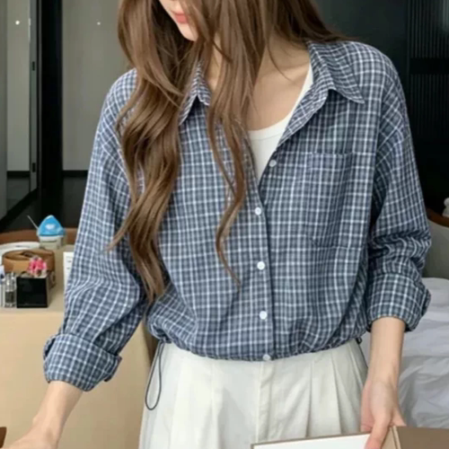 B303格子衬衫2件套淑女短款衬衫加背心2件衬衫外套6051