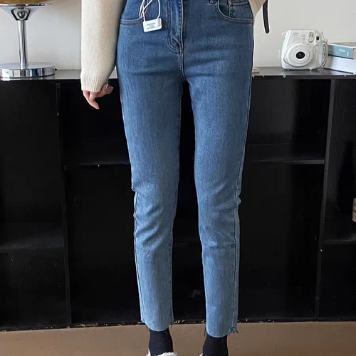 A932 毛边弹力显瘦高腰紧身牛仔裤女浅色小脚裤九分裤靴裤