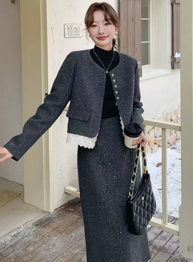 B824小香风半身裙套装女羽绒服新款蕾丝拼接毛呢外套两件套