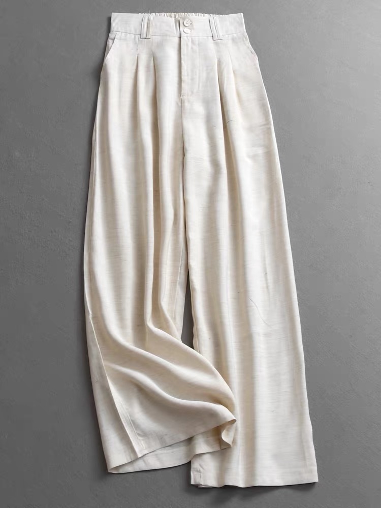 D123亚麻混纺简约纯色高腰半松紧腰薄款宽松直筒裤阔腿女裤休闲裤