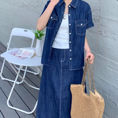 A814 夏季韩系时尚牛仔短袖衬衫+高腰中长款牛仔半身裙两件套