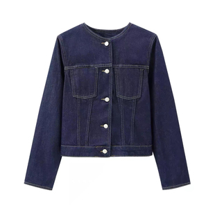 女牛仔短外套 气质百搭长袖 D453撞色明线双口袋圆领单排扣秋季 新款