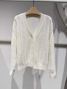 开衫 百搭米白V领镂空羊毛针织衫 上衣5G1130411 时尚 C413新款