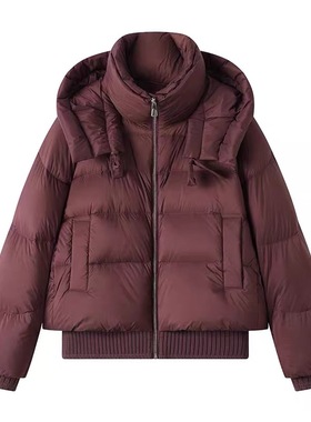 D213法式百搭螺纹拼接羽绒服冬季拉链领连帽保暖外套