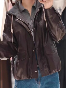 A464甜酷设计感休闲宽松假两件连帽柔软pu油腊皮皮衣短外套女