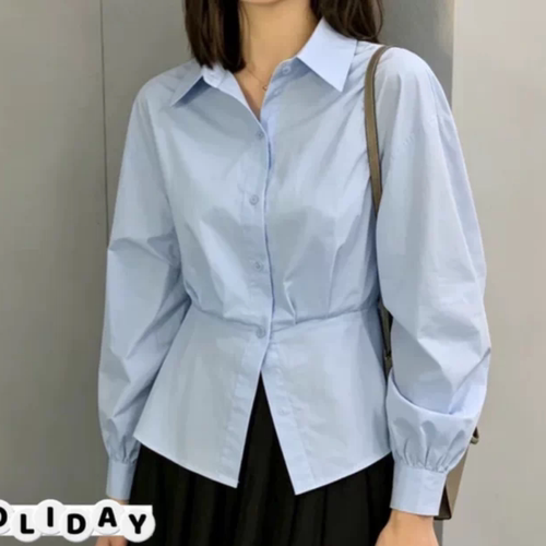 B732秋季女装简约修身显瘦松紧设计感长袖全mian衬衫6092