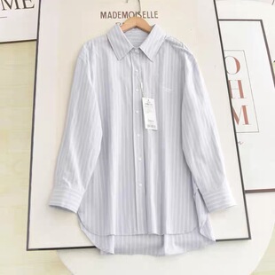 B933新款 上衣 气质通勤POLO领竖条纹休闲宽松百搭显瘦衬衫