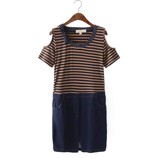 连衣裙女 百搭条纹拼接牛仔短袖 C212 时尚 新款