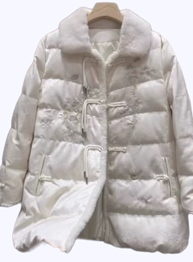 B012新中式盘扣刺绣提花水貂毛拼接羽绒服女冬季国风白鸭绒外套潮