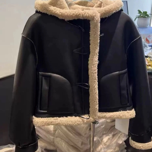 B643羊羔毛外套女新款 环保皮草皮毛加厚连帽皮衣 加厚连帽短款