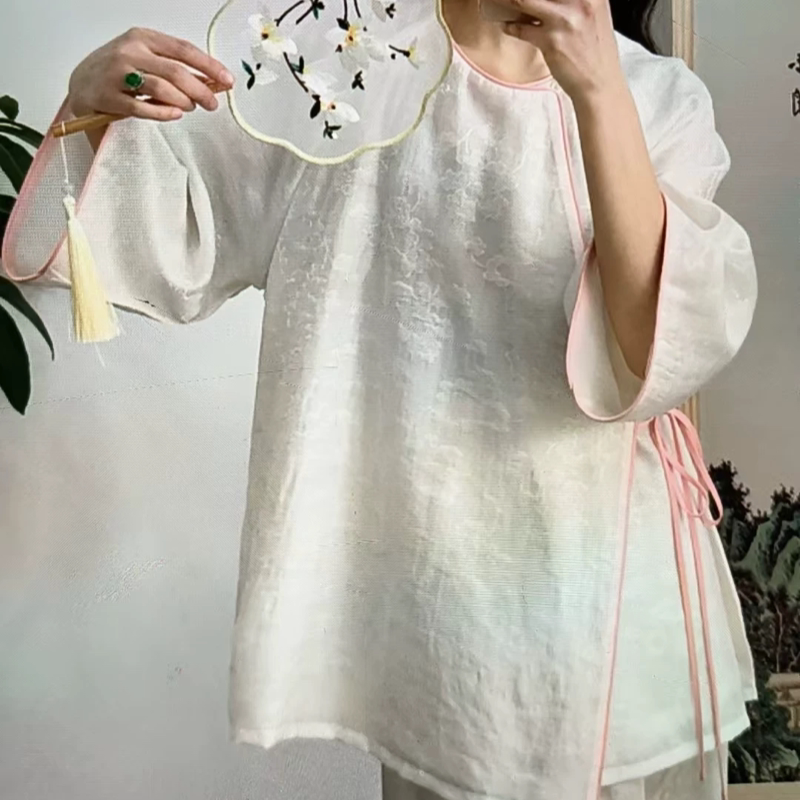E632新中式原创夏新立体提花撞色设计中式上衣有内衬宽松外搭