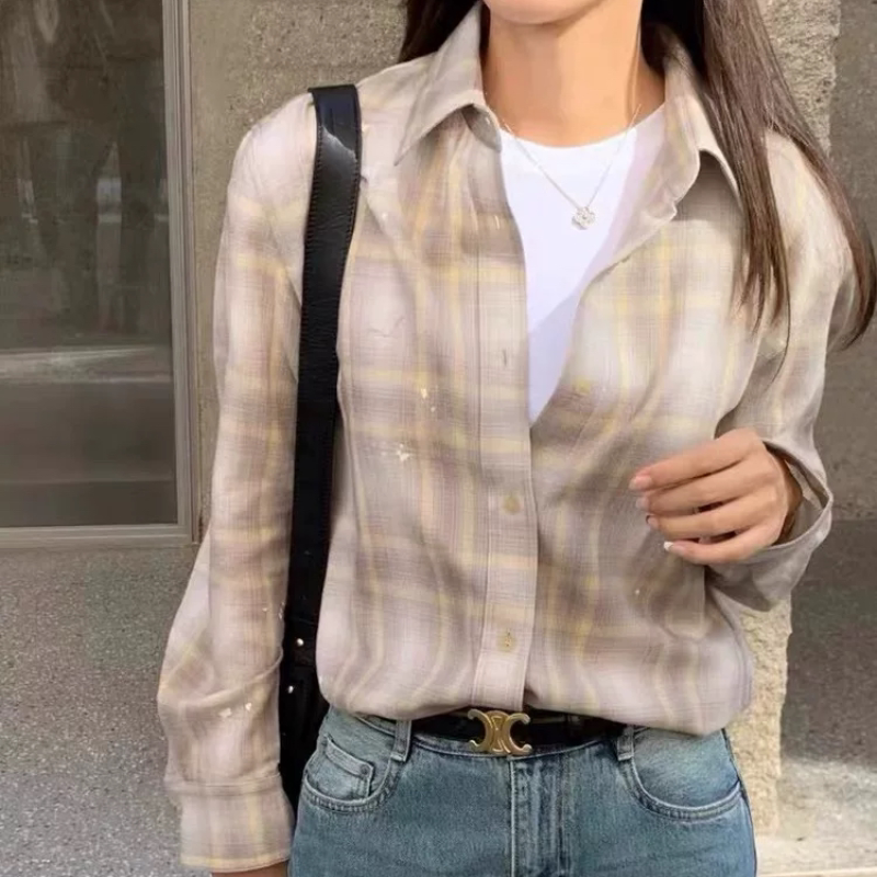 B154新款漆点涂鸦时尚复古格子百搭休闲衬衫女