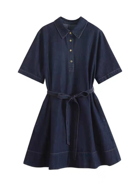 E332 MM夏季新款时尚百搭宽松大A版收腰系带显瘦牛仔连衣裙女