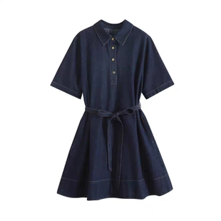 E332 MM夏季新款时尚百搭宽松大A版收腰系带显瘦牛仔连衣裙女