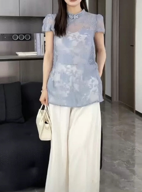 B804新中式国风蓝色绣花绝美套装女夏新款穿搭上衣阔腿长裤两件套