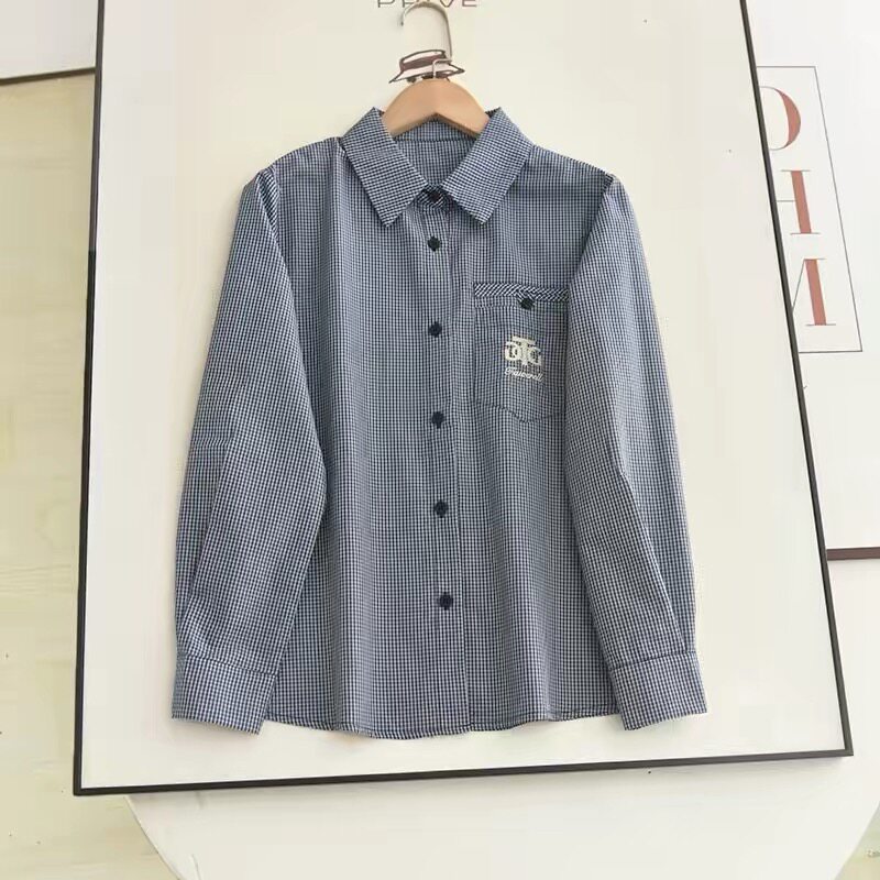C213 新款学院风复古蓝色格子衬衣翻领宽松长袖衬衫女