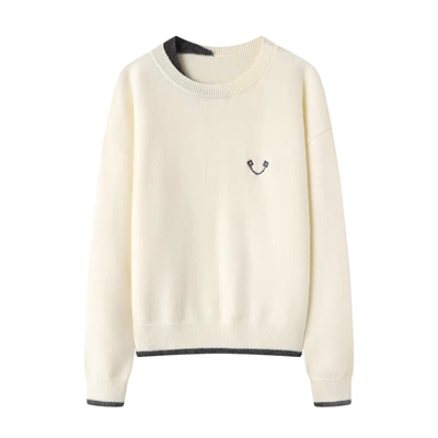 B334针织衫 女装秋冬季新款柔白撞趣笑脸刺绣毛绒感上衣毛衣