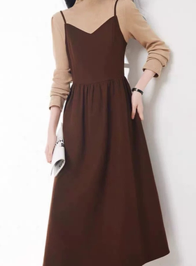 B613假两件拼接打底连衣裙女秋冬新款高级感气质显瘦法式复古裙子