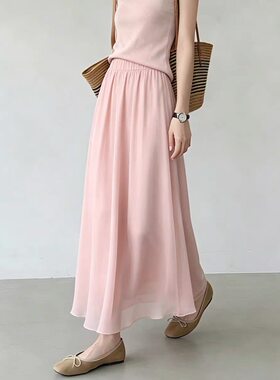 A543粉色半身裙女夏季新款休闲时尚显瘦百搭简约通勤高端长裙