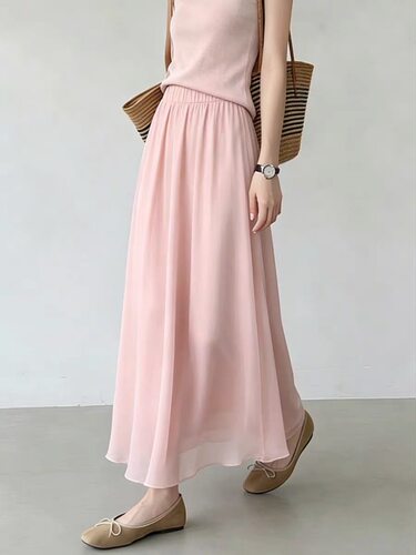 A543粉色半身裙女夏季新款休闲时尚显瘦百搭简约通勤高端长裙