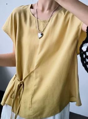 E813夏季莱赛尔韩系不规则斜扣开叉短袖衬衫女高级收腰系带小衫