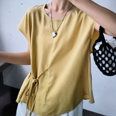 E813夏季莱赛尔韩系不规则斜扣开叉短袖衬衫女高级收腰系带小衫