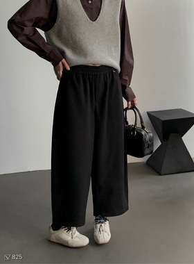 B304 秋冬季新款宽松大码松紧腰九分裤毛呢九分裤大码裤女