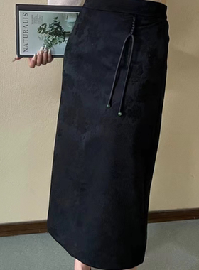 E824新中式国风高腰开叉半身裙女显瘦新款有内衬高货半松紧腰 裙