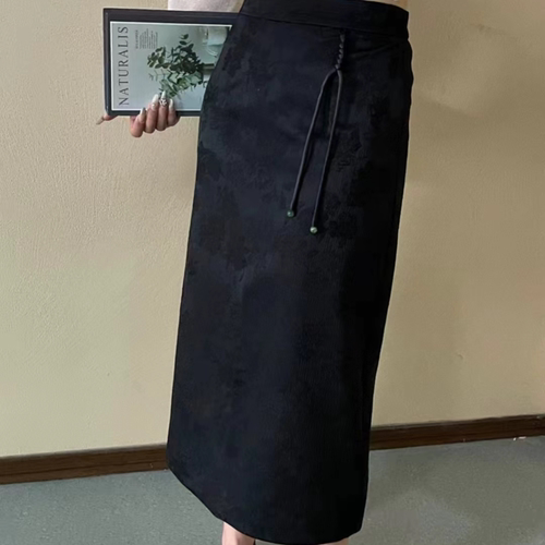 E824新中式国风高腰开叉半身裙女显瘦新款有内衬高货半松紧腰 裙