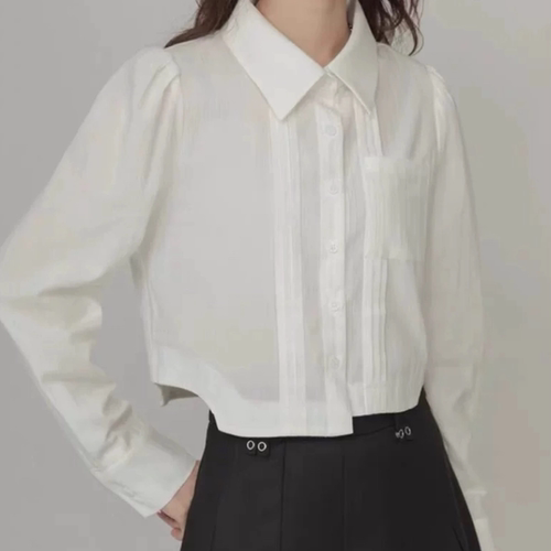 B352法式气质白色长袖衬衫女春秋装衫衬衣小个子宽松百搭短款上衣