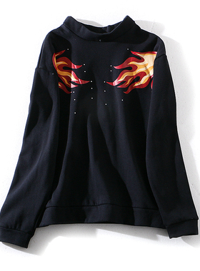 冬季高领加绒卫衣女宽松2022印花抓绒打底黑色上衣 B144