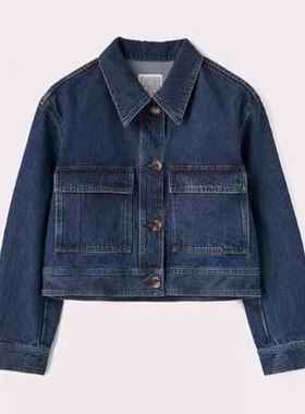 E512新款工装风春秋款 深蓝色棉质短款复古牛仔夹克外套女