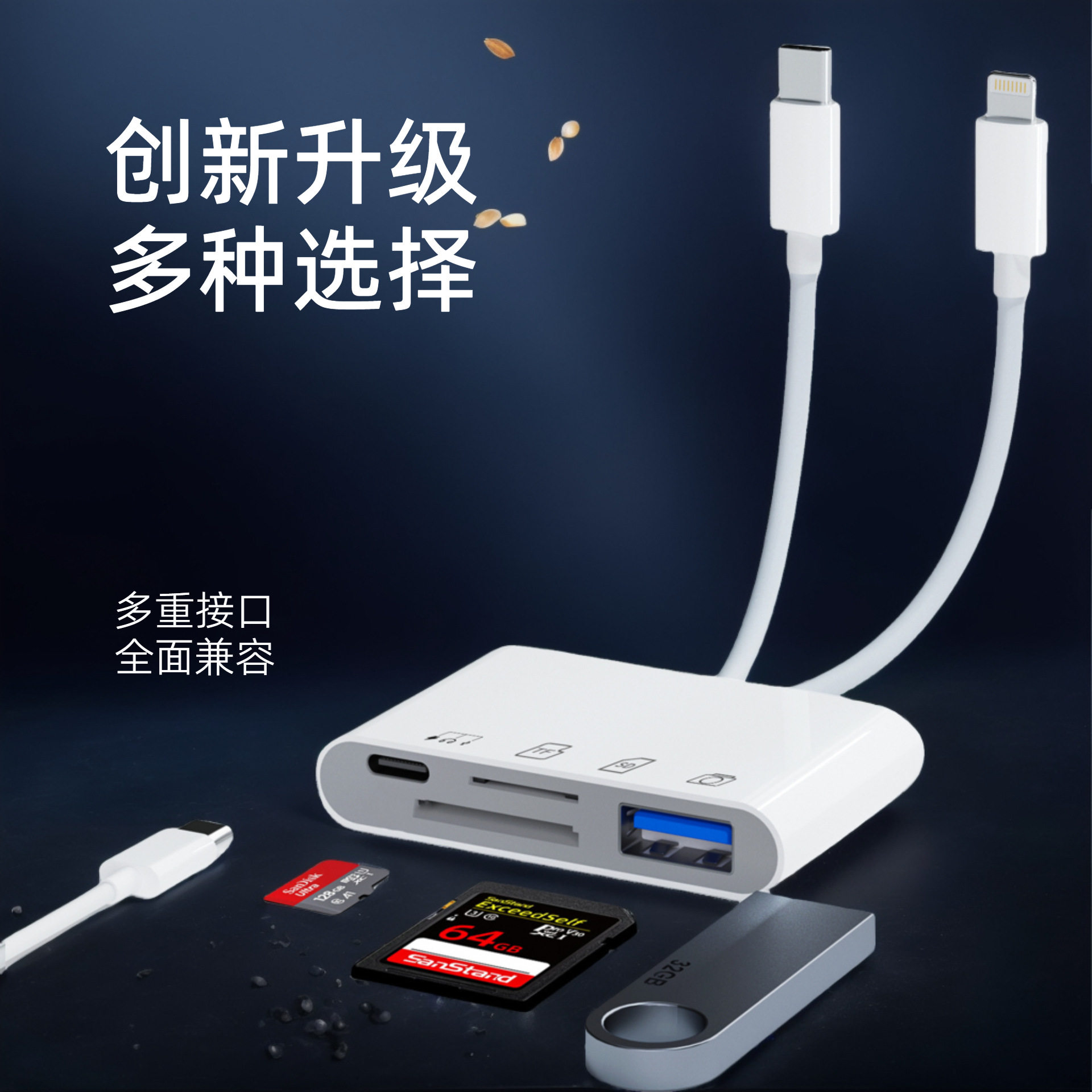 双线6合1多功能手机电脑通用读卡器适用苹果15华为手机外置读卡器