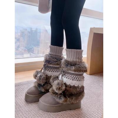爆款可爱花边毛球雪地靴女2025冬季新款羊皮毛一体棉鞋厚底毛毛靴