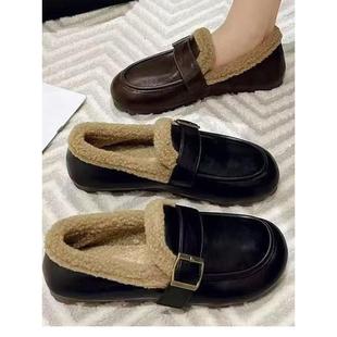 品牌撤柜毛毛鞋女冬季勃肯鞋平底乐福鞋皮面加绒豆豆鞋妈妈棉鞋子