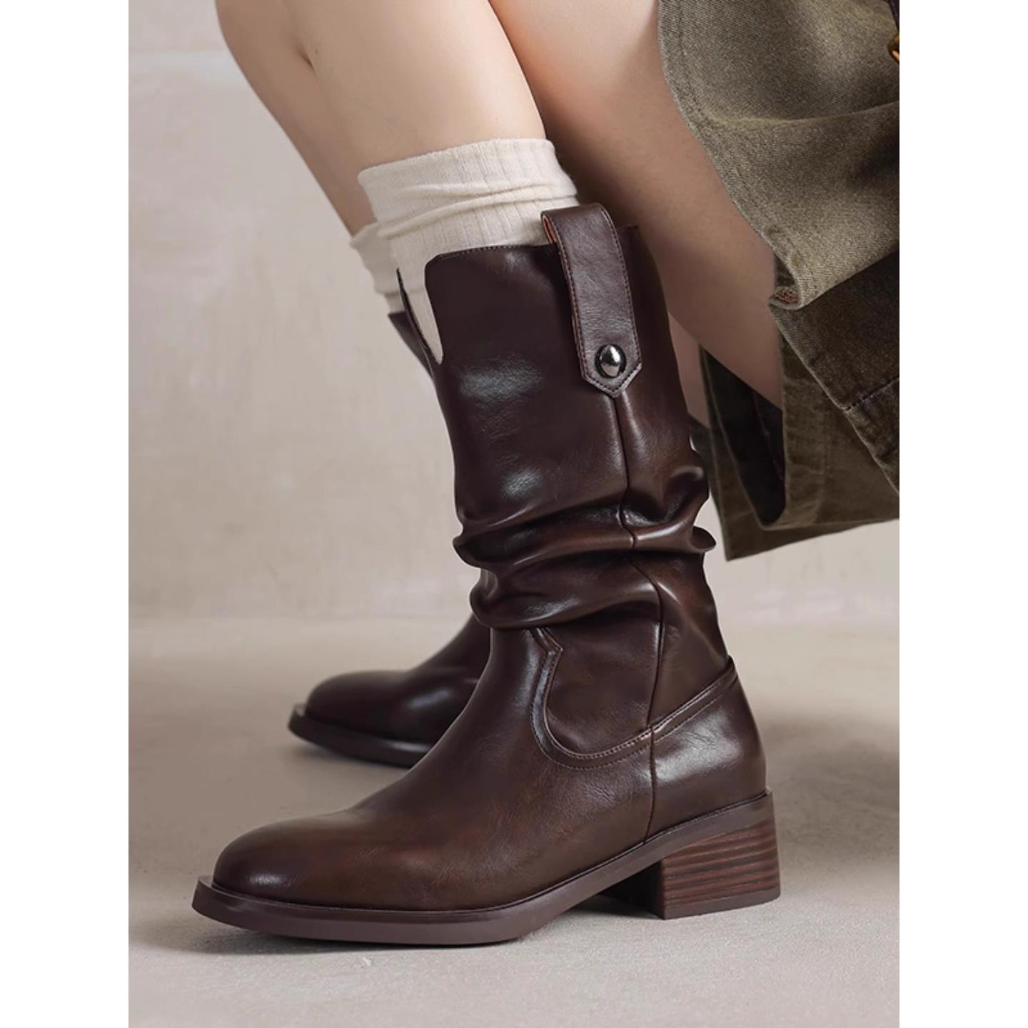 英伦风真皮骑士靴女秋冬季加绒中筒堆堆靴粗跟皮带扣美拉德风靴子