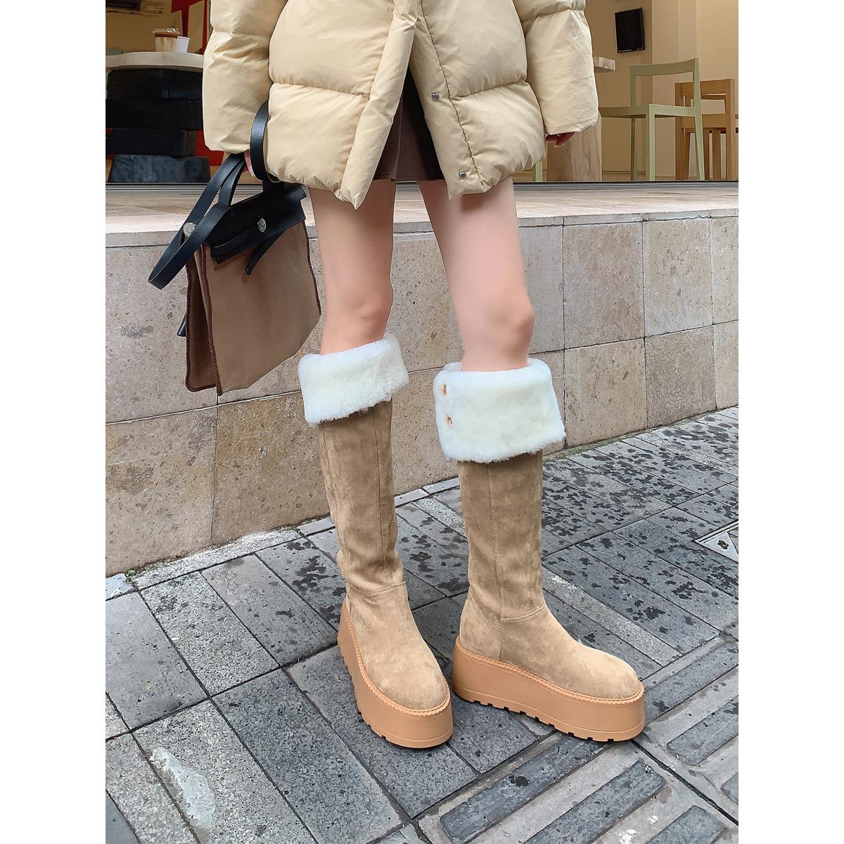 毛毛两穿高筒靴女冬季加厚保暖雪地靴羊毛不过膝长筒东北防滑棉鞋