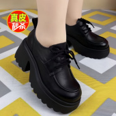 真皮软底增高女单鞋 英伦风乐福鞋 2025春秋新款 高跟厚底系带女皮鞋