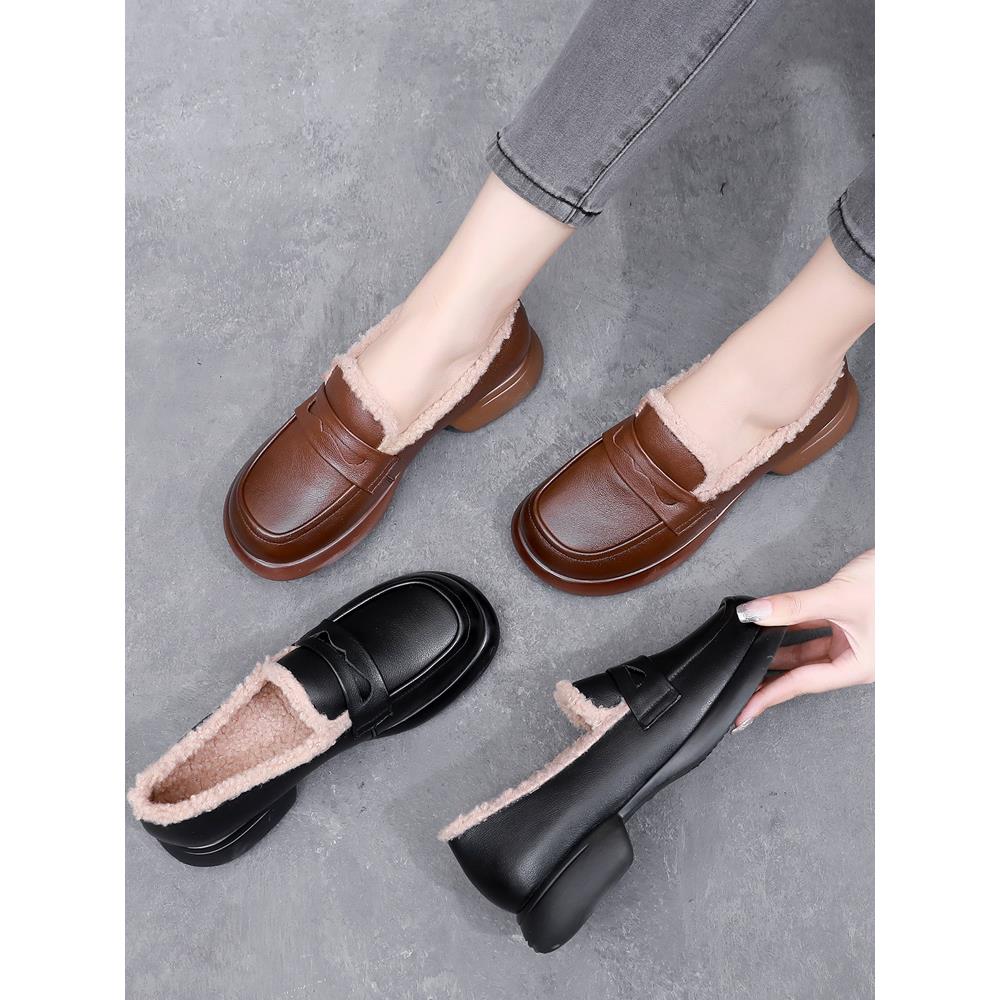 撤柜清仓乐福鞋女真皮鞋一脚蹬单鞋秋冬棉鞋加绒豆豆鞋平底妈妈鞋