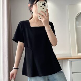 新款胖mm设计感大码打底衫夏蓬蓬荷叶边女装方领上衣正肩短袖T恤