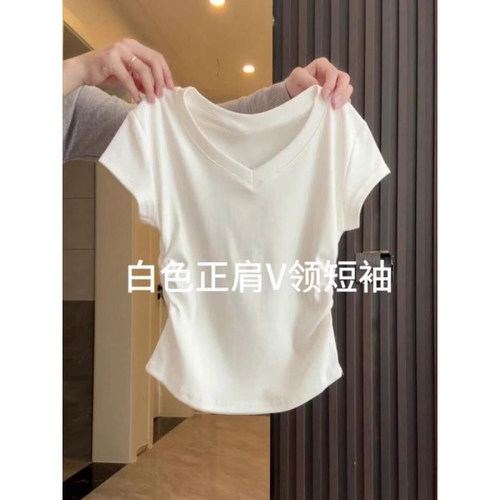 夏季V领短袖纯棉速干t恤女正肩新款褶皱收腰修身显瘦透气时尚上衣