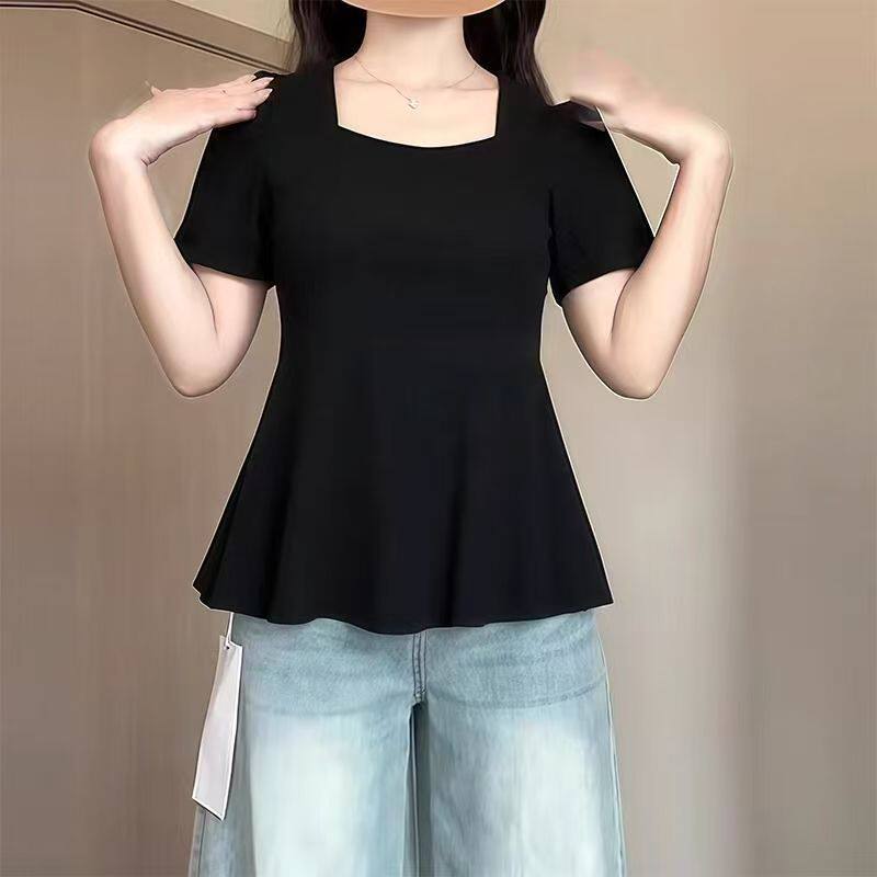 200斤大码女装方领正肩短袖t恤女夏季胖mm收腰遮肉显瘦荷叶边上衣
