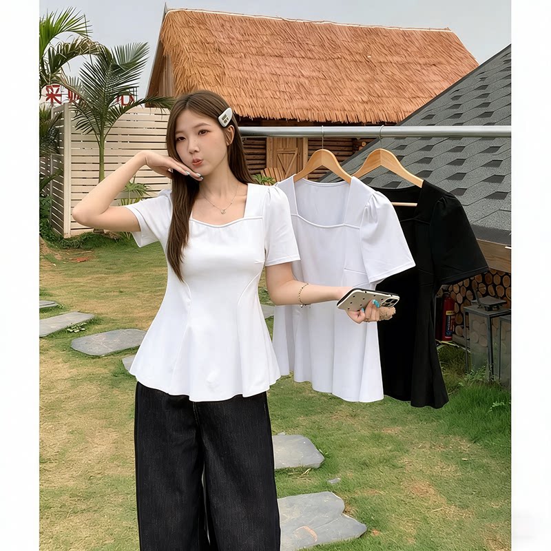 200斤胖mm遮肉显瘦收腰大码女装t恤女夏季荷叶边上衣方领正肩短袖