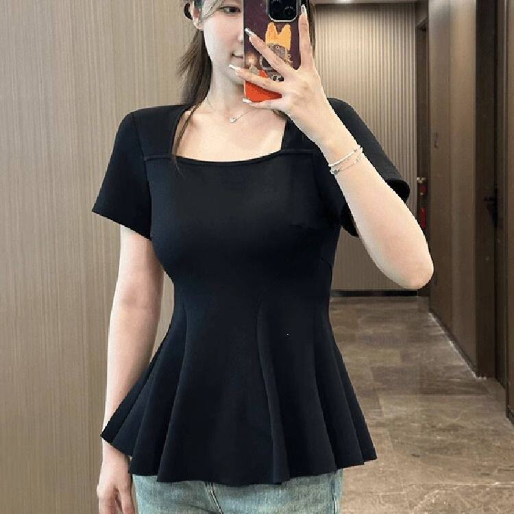 200斤大码女装上衣方领正肩短袖t恤女夏季胖mm收腰遮肉显瘦荷叶边