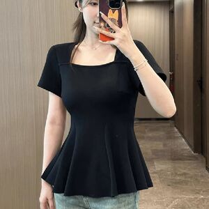 200斤大码女装上衣方领正肩短袖t恤女夏季胖mm收腰遮肉显瘦荷叶边