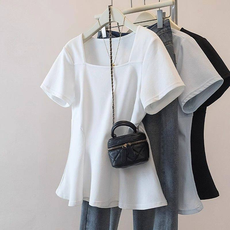 200斤胖mm遮肉显瘦上衣收腰大码方领正肩女装t恤女夏季荷叶边短袖