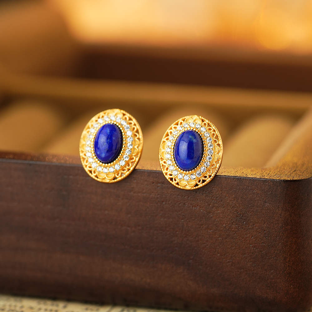 S925银设计小众蛋面镂空耳钉