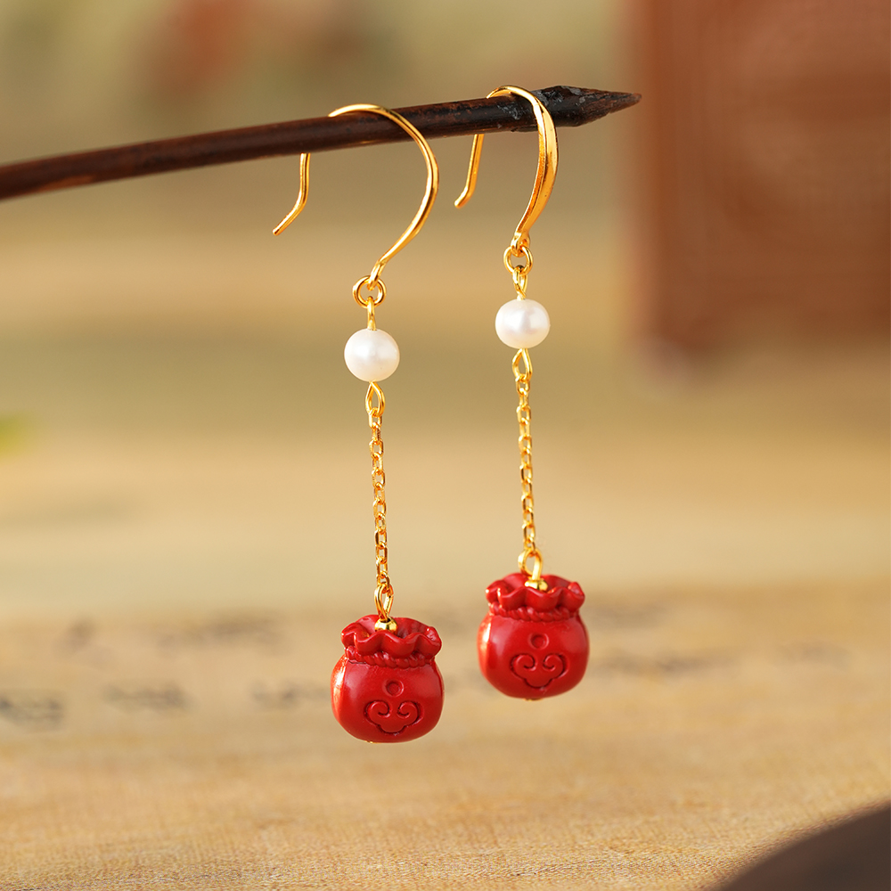 朱砂S925银高含量福袋钱袋耳饰