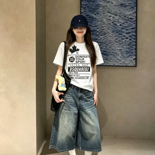 三齐+广州高版本+包装袋D2夏季T恤短袖泼墨丝印枫叶学生情侣套装T